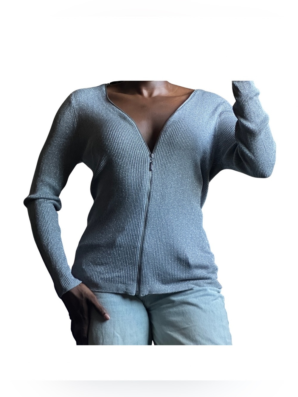 Y2K Women sweater Metallic Silver Sparkle Ribbed fitted long sleeve Zip Up Top L